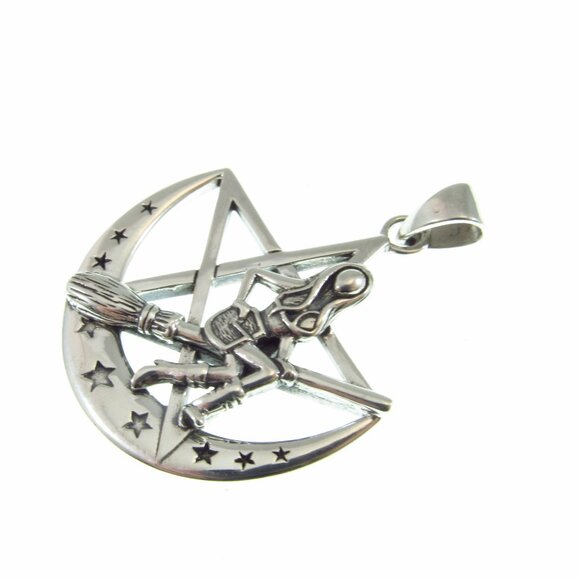 Solid 925 Sterling Silver Salem Witch on Broom Crescent Moon Pentagram Pendant - Picture 7 of 9